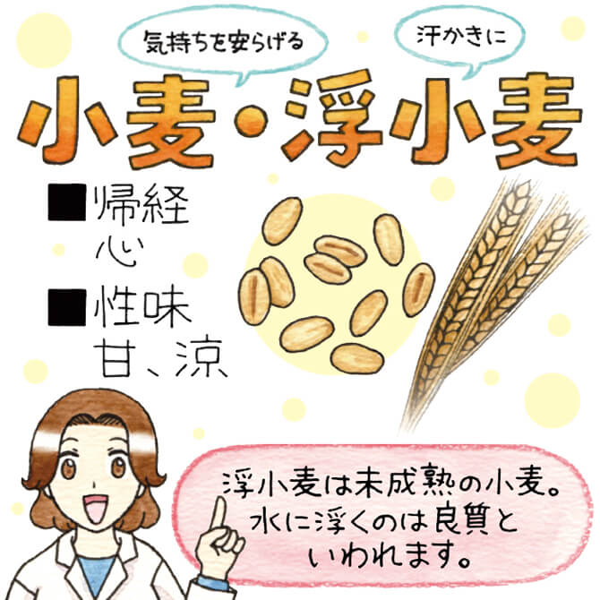 気持ちを安らげる 小麦・汗かきに 浮小麦 浮小麦は未成熟の小麦。水に浮くのは良質といわれます。