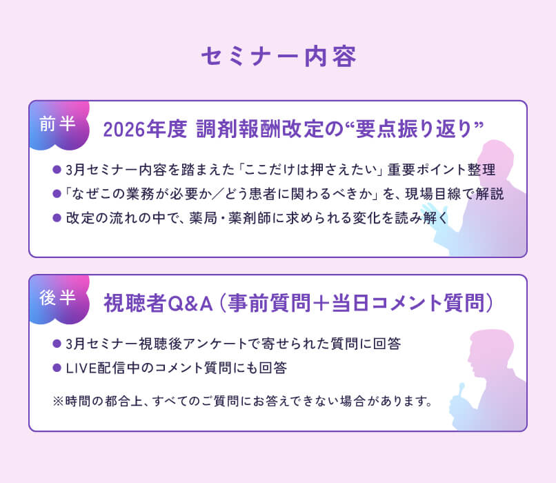 マイナビ薬剤師の無料オンラインセミナー「“現場目線”で要点がわかる！調剤報酬改定Q＆A」の内容